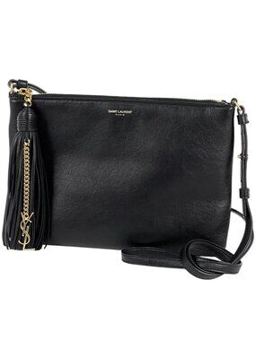 Saint Laurent Logo Shoulder Bag Fringe Leather Black
